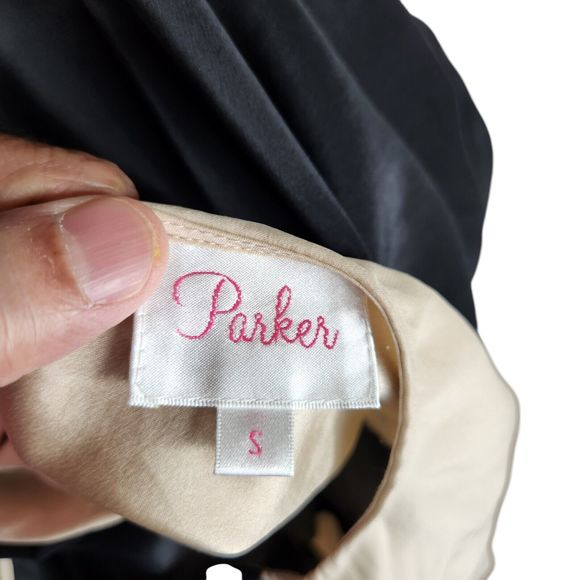 Parker‎ Womens Small 100% Silk Faux Wrap Colorblock Long Sleeve Mini Dress Black - Picture 6 of 8